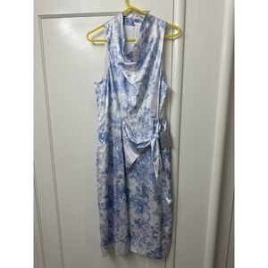 WAYF Faux Wrap Dress Powder Blue Mock Neck Silky L Midi Wedding Guest Sleeveless